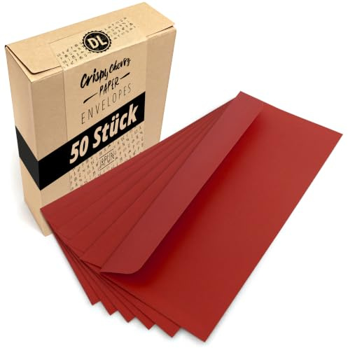 Japun - Briefumschläge (50 Stück) DIN lang, 220 x 110 mm, rot | Kuvert aus 120 g/m² Papier, langer Umschlag mit Nassklebung ohne Fenster für Einladungen zum Beschriften und Bedrucken