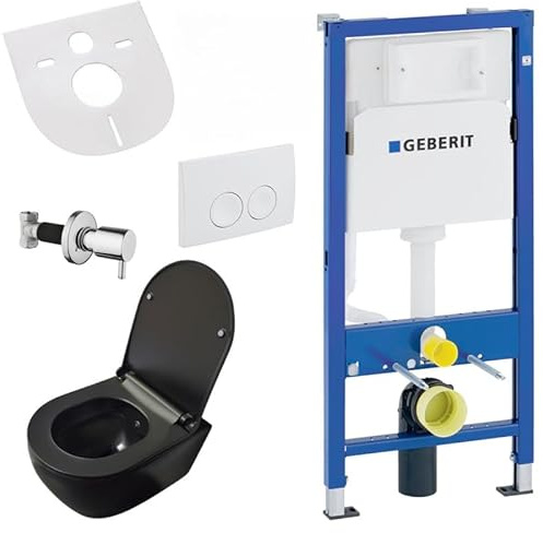 Belvit Hänge WC Komplett Set mit Bidet Funktion - Wand Toilette Schwarz matt mit Taharet und Geberit UP100, Nano-Glasur, Toilettendeckel mit Absenkautomatik & Betätigungsplatte