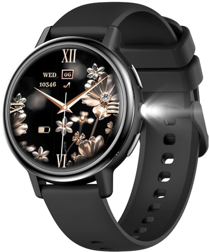 findtime Orologio da donna con funzione telefonica, 1,26 pollici, IPS, rotondo, touch screen, elegante, rosa, con ciclo mestruale, monitor del sonno, contapassi, torcia, Nero , Classico