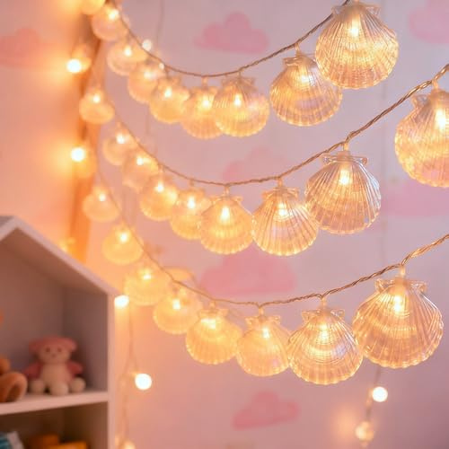 Foanlerck Lichterkette Muscheln 1,5M 10 LED Lichterkette Warmweiß Batteriebetrieben,Muschel Lichterkett Kinderzimmer Mädchen,Maritime Muschellampe für Kinderzimmer Hochzeit Garten Party Bad deko