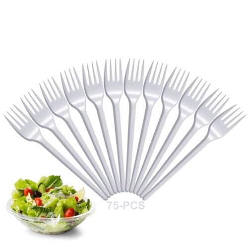 Plastic Forks Cutlery Camping Catering Outdoor Dinner Waterproof Restaurant White Fork Picnic Birthday Christmas Halloween Easter Events Parties Home Kitchen Party Supplies (75pcs)