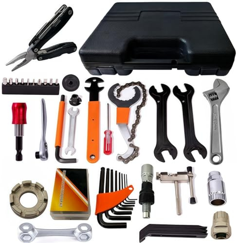 YBEKI Juego de herramientas de reparación de bicicletas - Maletín de herramientas para bicicleta, juego de herramientas para bicicletas trabajos de montaje y reparaciones, herramientas de bicicleta