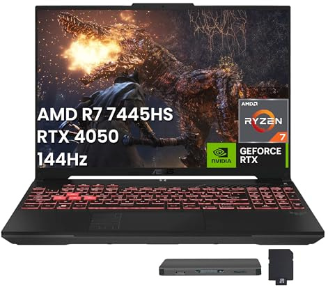 ASUS TUF A16 16 WUXGA 144Hz Gaming Laptop, AMD Ryzen 7 7445HS, GeForce RTX 4050 Graphics, 64GB DDR5, 2TB SSD, 1-Zone RGB Backlit Keyboard, Copilot, Wi-Fi 6, Win 11, Gray, 1TB Docking Station Set