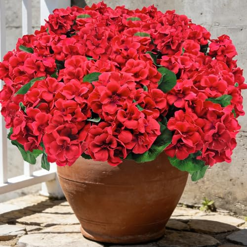 Mutcolor 8 Bundles Artificial Geranium Flowers for Outdoors UV Resistant Red Silk Fake Geranium Plant Faux Floral for Front Porch Planter Balcony Patio Garden Home Indoor Decoration (Red)