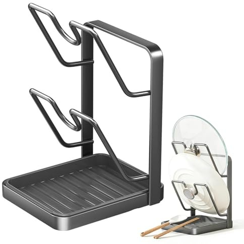 Touosy 2 in 1 Support Couvercle Casserole & Porte Couvercle, Multifonctionnel Rangement Couvercle Casserole & Rangement Poêle, Anti-Dérapant Rangement Cuisine avec Repose Cuillère (Gris)