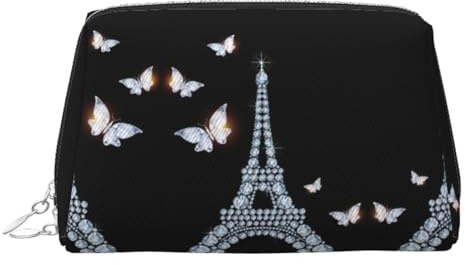 Eiffel Tower Print Leather Cosmetic Pouch, Leather Makeup Bag for Purse with Top Zip Closure Stylish Toiletry Bag