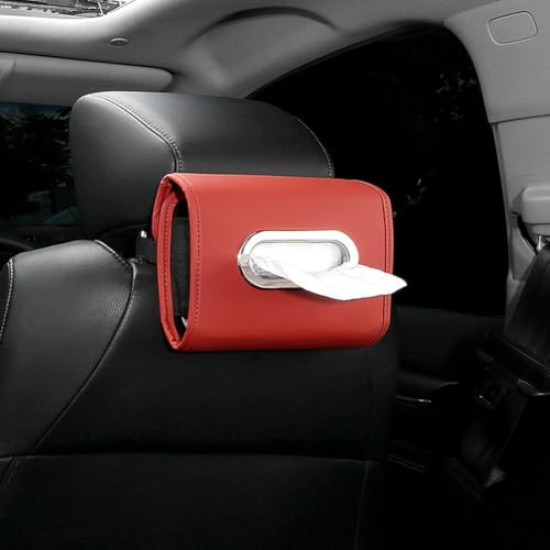 Auto Tissue Box for Cars with Elastic Band to Secure Standard Tissues Fits Dashboard Seat Back Headrest and Armrest PU Leather Design (red)