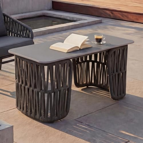Mendler Loungetisch HWC-P90 43x90x45cm - anthrazit, Platte grau | Gartentisch, Balkontisch, Outdoor, Seilgeflecht, Rope, Sinterstein