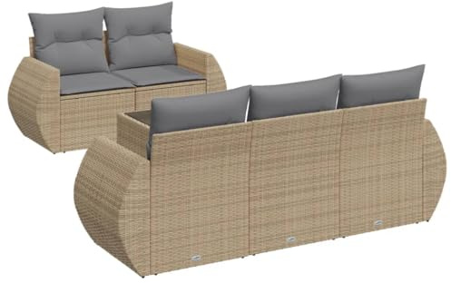 QJBSAVVA Juego de 6 sofás de jardín con cojines beige de poliratán, juego de salón modular con 5 sofás, mesa de jardín de cristal y tapicería, conjunto de asientos para terraza, balcón y jardín
