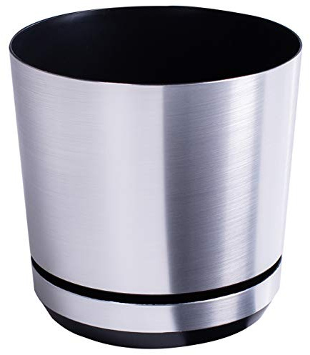 KERD Maceta Grande Redonda Decorativa 21 cm, Estilo Industrial Moderno, Acabado Aluminio Cepillado, con Drenaje, Plástico 100% Reciclado