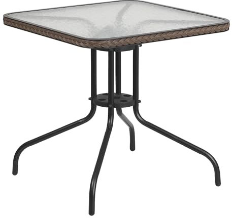 Flash Furniture Barker 28'' Square Tempered Glass Metal Table with Dark Brown Rattan Edging