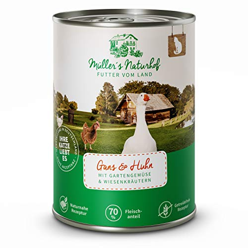 MÜLLER'S NATURHOF – Huhn | Nassfutter mit natürlichen Zutaten und wertvollen Superfoods für ausgewachsene Katzen. Getreidefreies Alleinfutter ohne Zusatzstoffe in der Dose | 6x400g Huhn