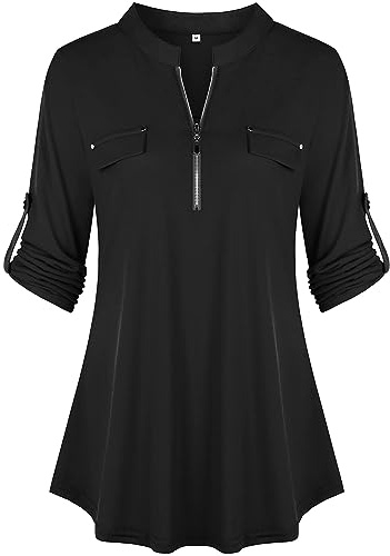 Lalala Damblus, eleganta 3/4 ärmar, V-ringad skjortblus, arbete, toppar med dragkedja, A_svart, XXL