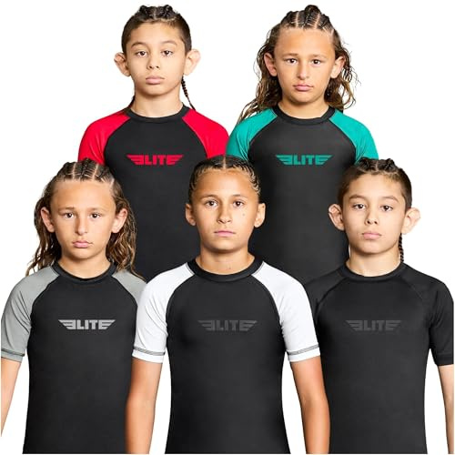 Elite Sports Kids Jiu Jitsu BJJ Rash Guard, Short Half Sleeve Compression Shirt for Youth Boys Girls Sports Nogi Training Green