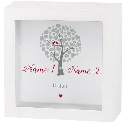 Herz & Heim® Geldgeschenk zur Hochzeit als Bedruckte Bilderrahmen Spardose - individuell für Sie erstellt mit Namen und Datum (Herzbaum)