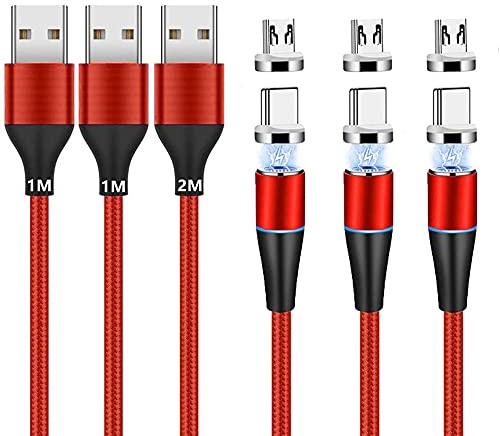 Magnetisches Ladekabel (1m+1m+2m,3 Stück) USB C/Typ C/Micro USB 2-in-1 Magnet USB Kabel 3A Schnellladung und Datensynchronisation LED Ladekabel Kompatibel mit Alles Android Phone Smartphone Tablet