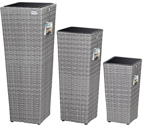 Casaria Set de 3 Pots de Fleurs polyrotin Gris Cache-Pot Pot intérieur évacuation Eau extérieur intérieur bac ŕ Fleurs jardiničre