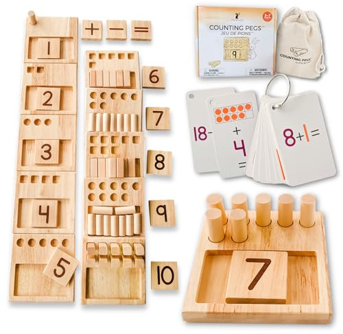 LITTLE BUD KIDS Counting Pegs - A Ten Frame Math Game with Addition and Subtraction Flash Cards, A Wooden Montessori Math Toy & Math Manipulatives Number Peg Boards for Kids 3 4 5 6 7