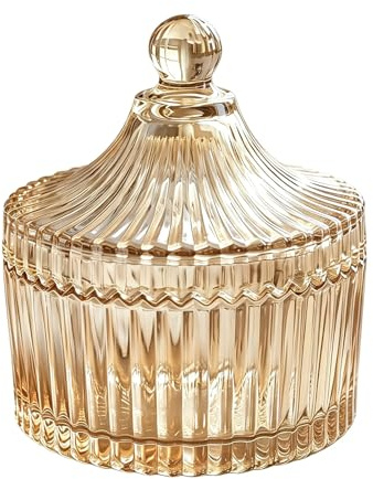 VASANA Elegantes Kristall-Süßigkeitenglas mit Deckel - Zeltförmiges Glas-Keksglas - 300ml/10oz - Bernsteinfarben - 10cm x 13cm - Klassisch, Elegant - Hochzeit, Party, Geschenk
