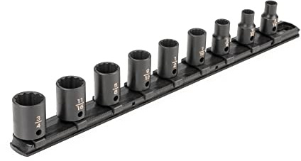 TEKTON 3/8 Inch Drive Impact Socket Set, 9-Piece | SID91108 | (5/16 - 3/4 in.), Shallow, 12-Point, Socket Rail