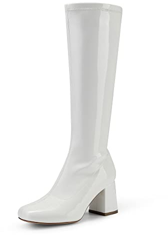 DREAM PAIRS Women's Gogo Boots Square Toe Chunky Wide Calf Knee High Boots,Size 8,White/Patent/Pu,SDKB2231W