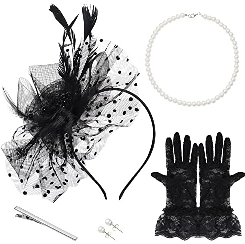baotongle Fascinators Hut Blume Mesh Federn Clip Kopfschmuck Haarschmuck Spitzen Handschuh Perlenkette Ohrringe für Damen