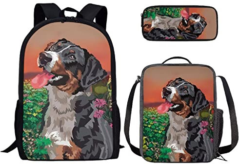 Binienty Modischer Rucksack Teen Jungen Mädchen Schulbuch Tasche mit Lunchbox Stifteetui 3 in 1, Schäferhund 2, Einheitsgröße