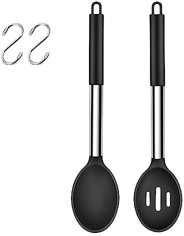 Herogo Silikon-Kochlöffel 2er-Set, Edelstahl-Schlitzlöffel & Fester Löffel zum Mischen, Servieren, Abtropfen, Hitzebeständig & Antihaftbeschichtet, SpÜLmaschinenfest (Schwarz)