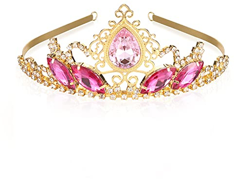 hengkaixuan Hübsche Tiara Krone Rosa Strass Tiara Fee Braut Kopfstück Geburtstag Halloween Gold Krone Weihnachten Prinzessin Krone Tangled Kostüm Süßes Geschenk für Mädchen Frauen