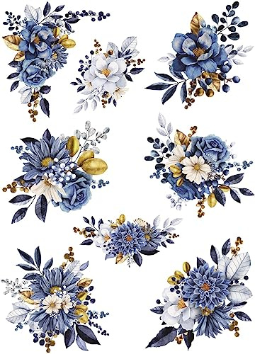 Carta di riso Blue Bouquet, 29,21 x 40,64 cm, 8 immagini uniche di bouquet stampate su carta di gelso da 36 g/m², fibre visibili, per decoupage e lavori di ristrutturazione di mobili.