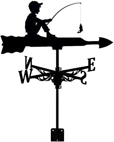 ZAANU Fishing Cast Iron Weather Vane Farmhouse Weathervane Roof Mount, With Anti Rust Coating Farm Scene Wind Direction Indicator for Outdoor Garden Roof Paddock Decoration (A)
