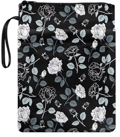 NETILGEN Weiße Rosenblatt-Buchhüllen für Taschenbuch, Lehrbücher, Buchhülle mit Reißverschluss und Tasche, Buchsox, wiederverwendbare Geldbörse, waschbar, Buchliebhaber, Geschenke