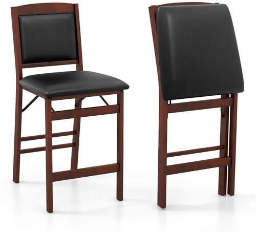 COSTWAY Set of 2 Counter Height Chairs, 24.5” Folding Kitchen Island Stool with Rubber Wood Legs, Footrest, Padded Seat & Backrest, No Assembly Needed, Portable Bar Stools Set for Dining Room Home (2)