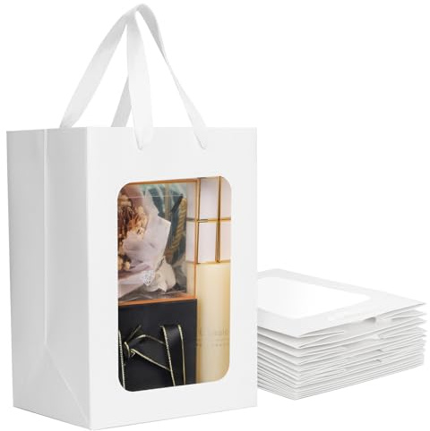 EUSOAR Geschenktüte mit Sichtfenster - 10 Stück Papiertüten mit Henkel - 230GSM Papiertüten Weiß 20x16x30cm - Geschenktüten Papier Gift Bags - Papier Tüten Geschenktasche Party Weiß