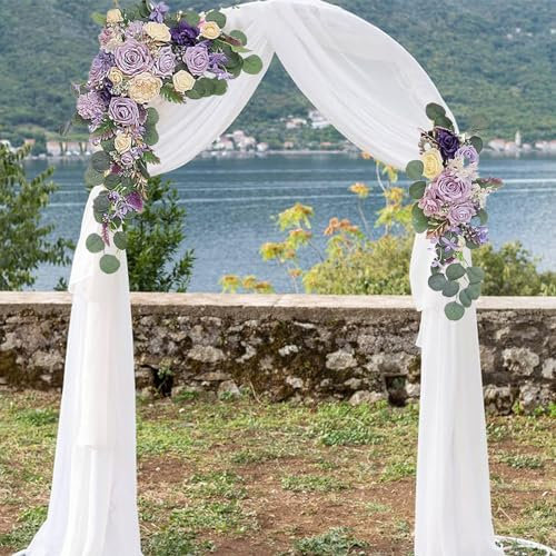 ZHDOKA Hochzeitsbogen-Blumen-Set (3er-Pack), 2 Stück Künstliche Rosen-/Pfingstrosen-/Sonnenblumen-/Hortensien-Blumengirlanden mit 1 Stück Transparentem Drapierstoff, Künstliche Blumen und(Lila)