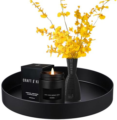 Deko Tablett Rund Schwarz Metall 20cm - Dekoteller und Serviertablett für Bad, Schmuck, Buffet, Kosmetik, Dessert, Kerzen - Matt Schwarz