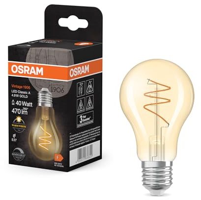 OSRAM Vintage 1906 Classic ist eine warmweiße, dimmbare LED-Lampe in Kolbenform mit spiralförmigem Filament. Sie bietet 4.9 W für 470 lm, E27 Fassung, goldfarbenes Glas, 60 mm Durchmesser, 2700 K.
