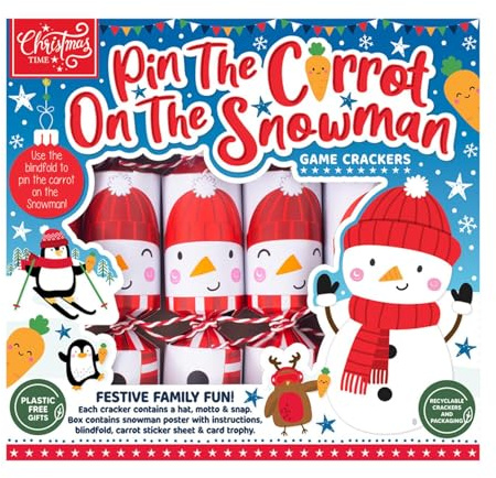 Harvey & Mason Knallbonbons mit 6 Pins, Karotte auf dem Schneemann, Rot und Weiß, Weihnachtsspiel für den Familienspaß