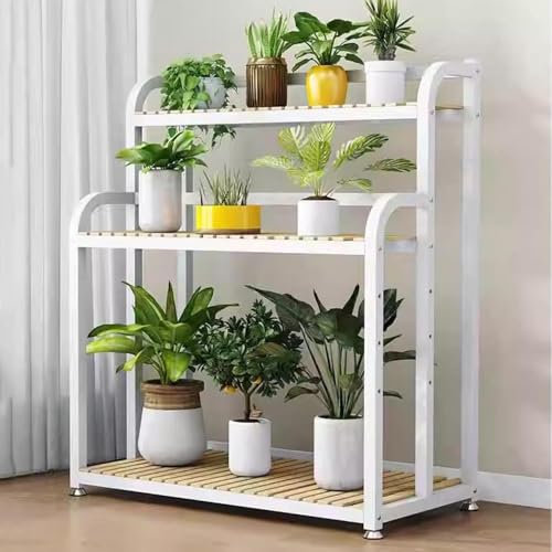KADEUX 3 Stöckiges Blumenregal Leiterregal, Garten Blumenständer Pflanzenregal, Balkon Pflanzen Ablageregal Blumenständer Blumenbank Mit 3 Ablagen(White+logs,80cm)