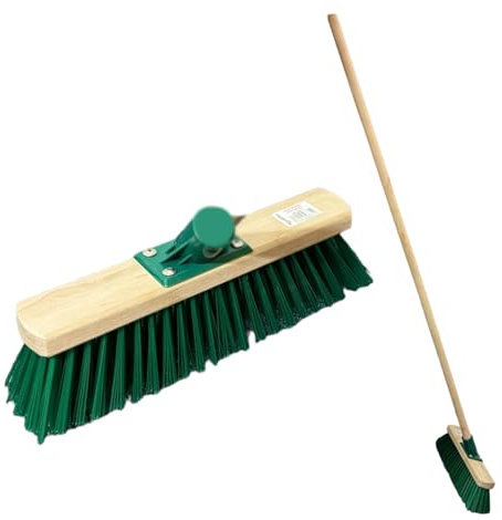 GREEN 30cm Stiff Broom with Synthetic PVC Hard Bristle Brush - Durable Support Bracket & 120cm Wooden Handle - Heavy Duty Outdoor Garden Sweeping Brush