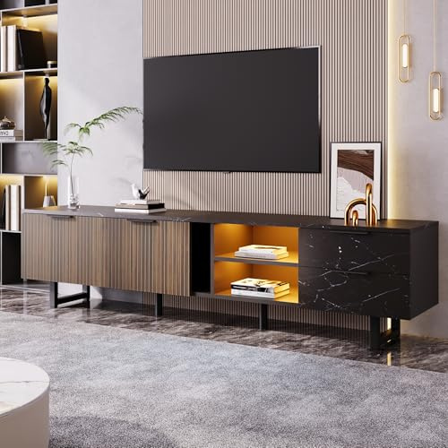 Zepneiy Meuble TV au Design Moderne, Aspect marbre Noir, Porte Grain de Bois foncé, avec éclairage LED orientable et Deux Portes et Deux tiroirs