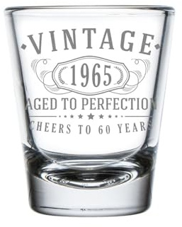 Vintage 1965 Etched 1.75oz 1pk Shot Glass – Happy 60th Birthday Gifts for Women Men, Cheers to Turning 60 Year Old Woman Her Decorations Decor, 60th Anniversary Bday Party Favors, Gift Ideas 1.0