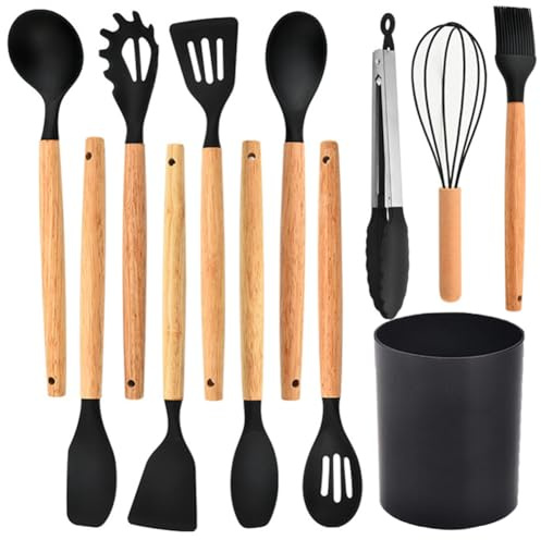 12 Pcs Kitchen Utensil Set, Silicone Cooking Utensils Set with Wooden Handle, Heat Resistant, Nonstick Cookware Tongs Spatula Spoon Set with Storage Bucket for Home, Camping, Dishwasher Safe (Black)