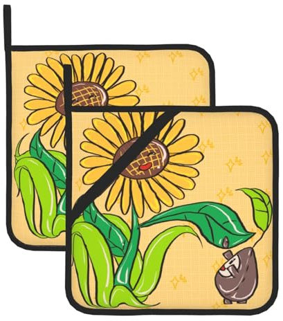 WHJYYXDE Set di 2 presine da cucina 20,3 x 20,3 cm, isolamento durevole, tessuto impermeabile con stampa di semi di girasole e girasoli