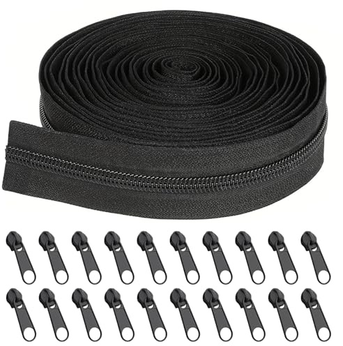 Fhioevt Schwarz Reißverschluss 10 m Nylon – Oändlig dragkedja med blixtlås i svart, meterware. Inkluderar 20 metallblixtlås – Ersättningsdragkedjor för bäddning, kuddar och jackor.