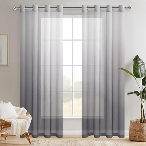 Hiasan Grau Sheer Vorhänge mit Ösen Farbverlauf Transparent Fensterschal Dekoschal Vorhang Voile Gardinen für Schlafzimmer und Wohnzimmer, 225 cm x 140 cm(H x B) 2er Set Weiß Grau