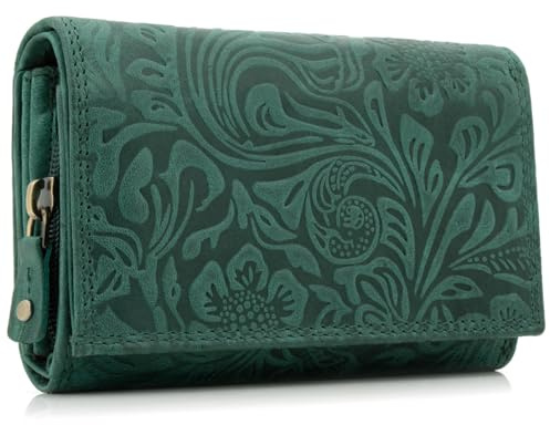 ekavale Damen Leder-Geldbörse mit Blumenmotiv und RFID-Blockierung, Portemonnaie Langformat mit Druckknopfverschluss (Petrol)