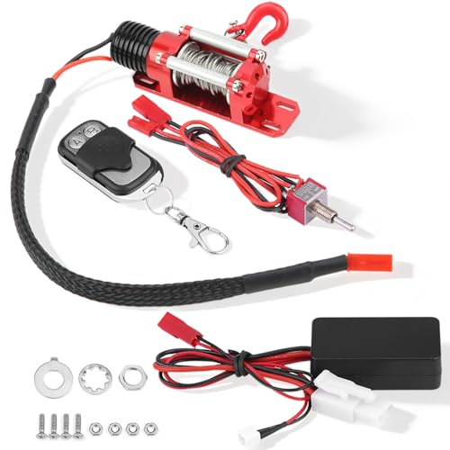 equlup RC Car Winch, Electic Metal Winch with Remote Controller High Strength 1/10 Scale RC Model Accessory with Switch Simulated Toy Winches for Axial SCX10 D90