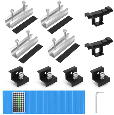BOSYTRO Kit de Montaje PV, Soporte para Módulos Solares para 1 Módulo, Riel Plateado de 12 cm + Clips de Drenaje 30MM + Abrazadera Ajustable para Módulos de 30-35 mm de Grosor, para Tejados Planos