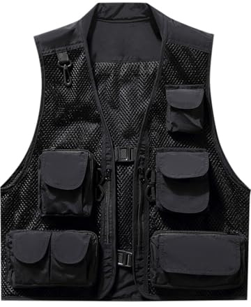 RUMAOZIA Gilet da pescatore, estivo, da uomo, con rete multi-tasca, senza maniche, leggero, traspirante, per il tempo libero, per la caccia e il pescatore, per il campeggio, le escursioni, Z04 nero